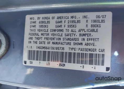 2007 Honda Accord 2.4 Lx from USA, damaged, VIN 1HGCM56417A195735